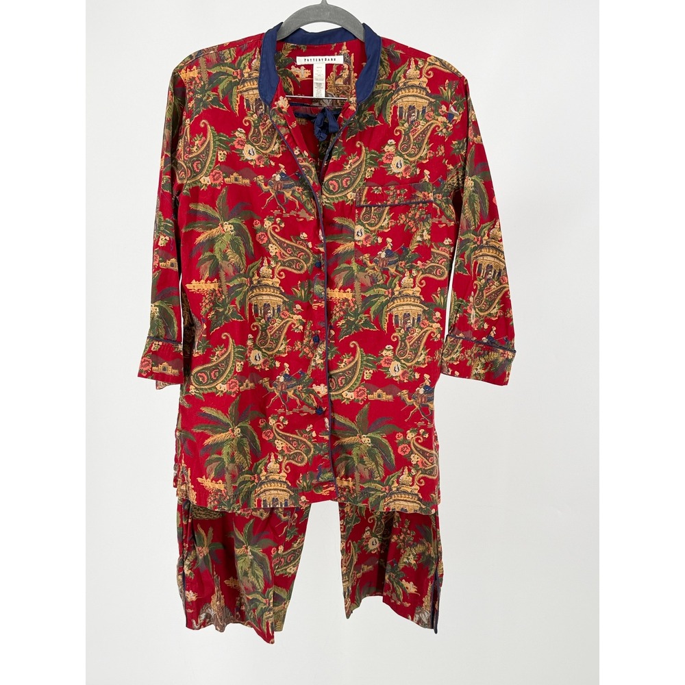 Pottery Barn Pajama Set Womens M Red Chinoiserie Elephant Camel‎ Cotton